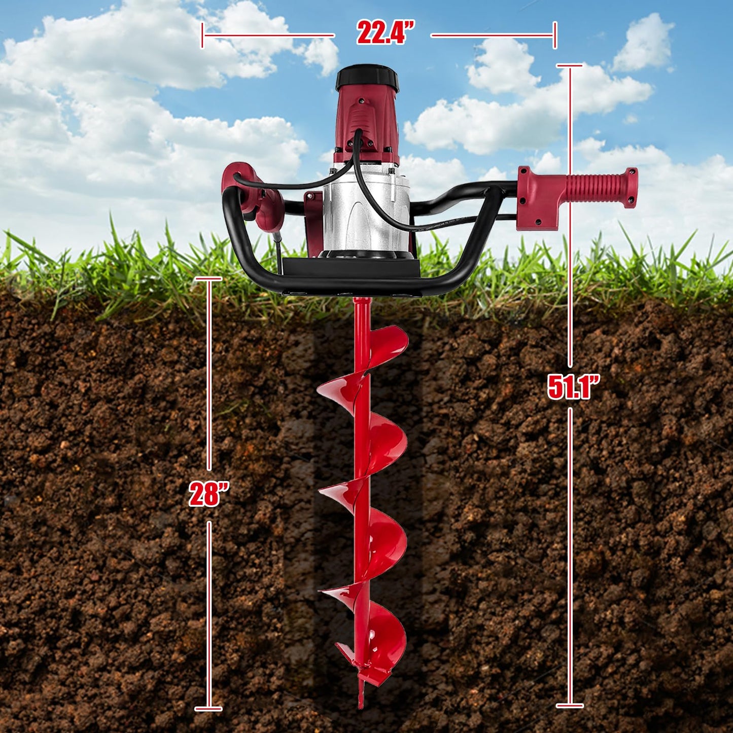 Yoputetool 1500W Electric Post-Hole Digger with 6-Inch Auger Bit, Earth Auger Drill, Auger Bit Earth Auger, Ideal for Post Hole Digging, Drilling, Tree Planting, Red