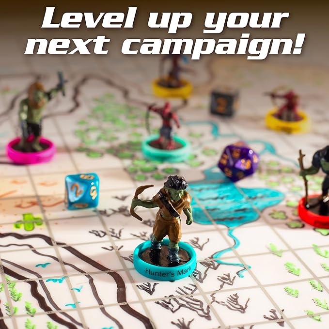 Deluxe Condition Rings w Wooden Case (64 Rings for Standard & Large) - 16 Conditions DND Flexible Design- Easy Affix Base Slides Under Figure- Works with Dungeons Dragons Pathfinder & All RP