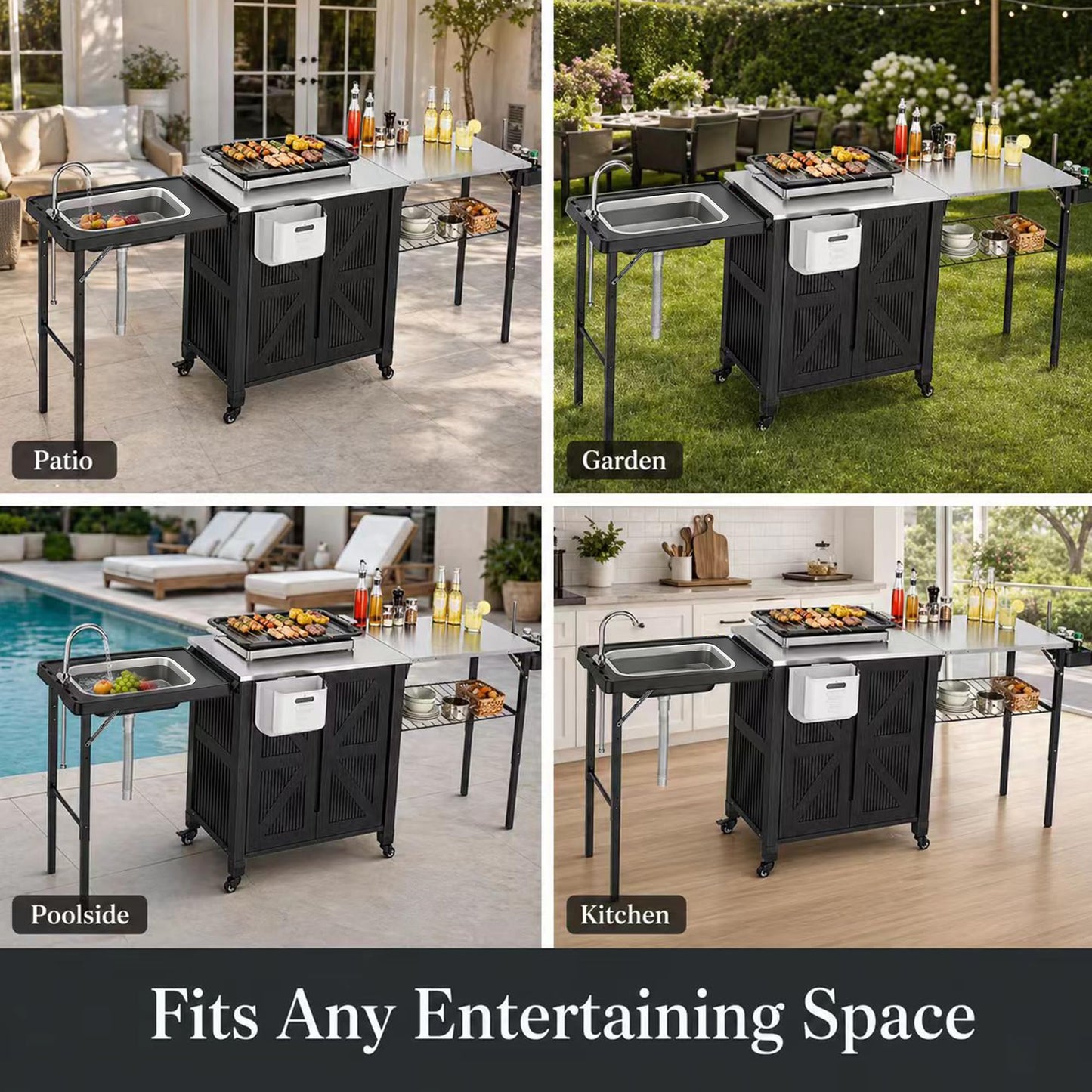 aoole Outdoor Grill Cart with Storage Cabinet, 3-in-1 Movable Kitchen Island Cart, Outdoor Grill Cooking Station with Stainless Steel Countertop&Rolling Wheels&Folding Side Tables for Backyard Patio