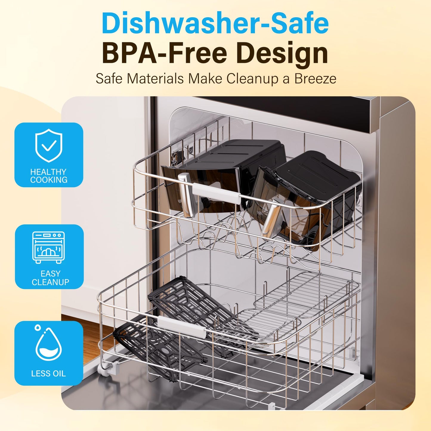 11QT Air Fryer Dual Large Basket Design (Deep Top & Long Bottom) for Whole Chicken & Ribs,430°F High-Heat Broil, 360° Rapid Circulation, 6 in 1 Preset Function, Family Meals, PFAS Free Nonstick