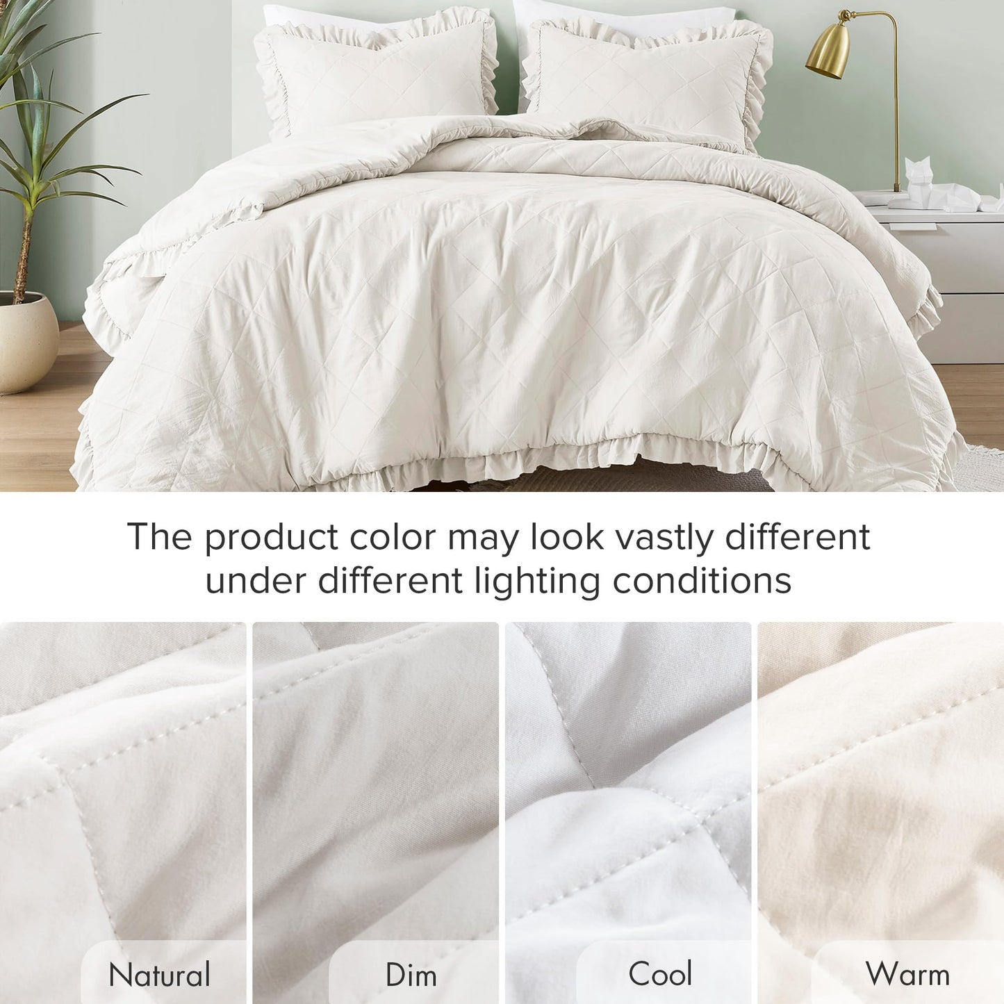 Comfort Spaces Ivory King Duvet Cover Set - 3 Pieces Ruffle Diamond Quilted Duvet Cover, All Season Lightweight, Cotton-Like Softness Pre-Washed Microfiber King Bedding Cover & Shams, King