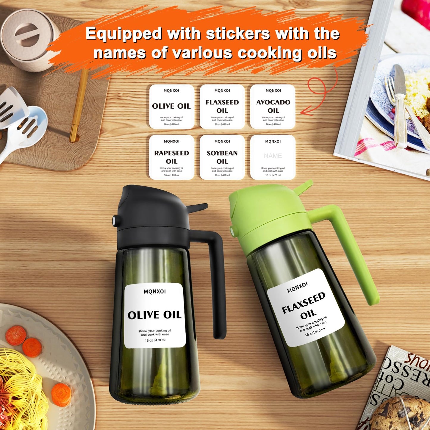 mqnxoi 2 in 1 Glass Oil Sprayer & Dispenser,16oz/470ml Olive Cooking, Air Fryer, and Salad, for Kitchen Gadgets and Air Fryer Accessories, w/Stickers (Black + Dark Green Bottle 2)