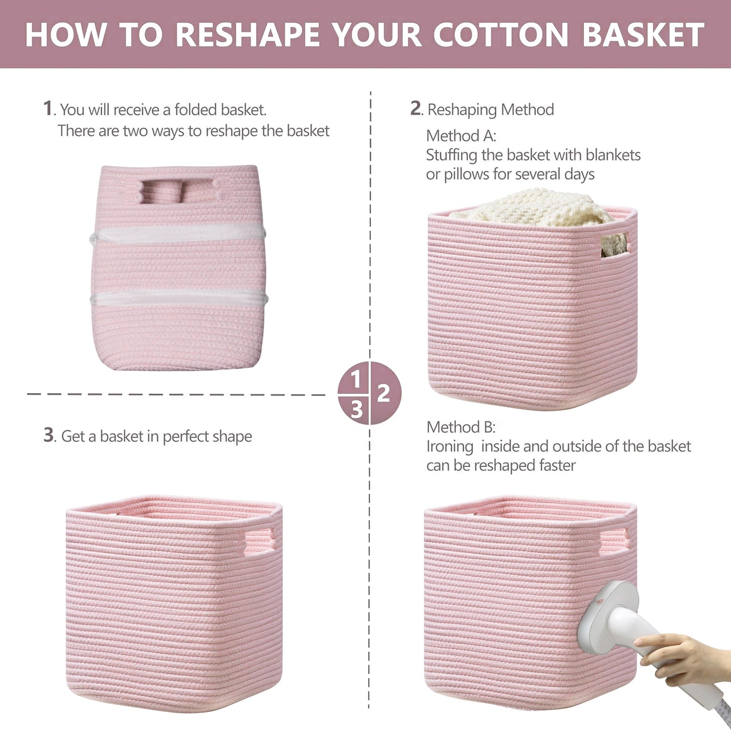 Dreamcountry 13x13 Cube Storage Bins, Storage Cubes with Handles, 4 Pack Cotton Rope Basket for Shelves, Cube Storage Organizer forToys, Book, Clothes, Home, Office, Nursery, Pink