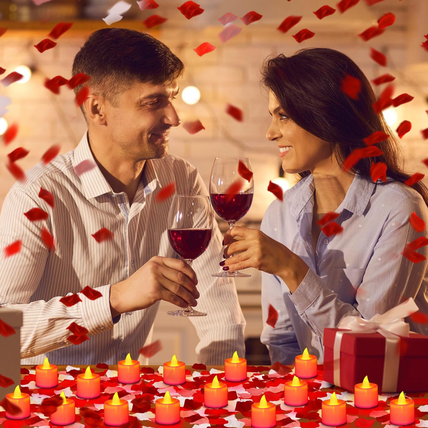 Coume 6000 Pcs Artificial Rose Petals with 72 Pcs Flameless LED Candles Romantic Decorations Fake Candles Anniversary Decorations for Valentine's Day Wedding Night(Red with Red Series Petal)