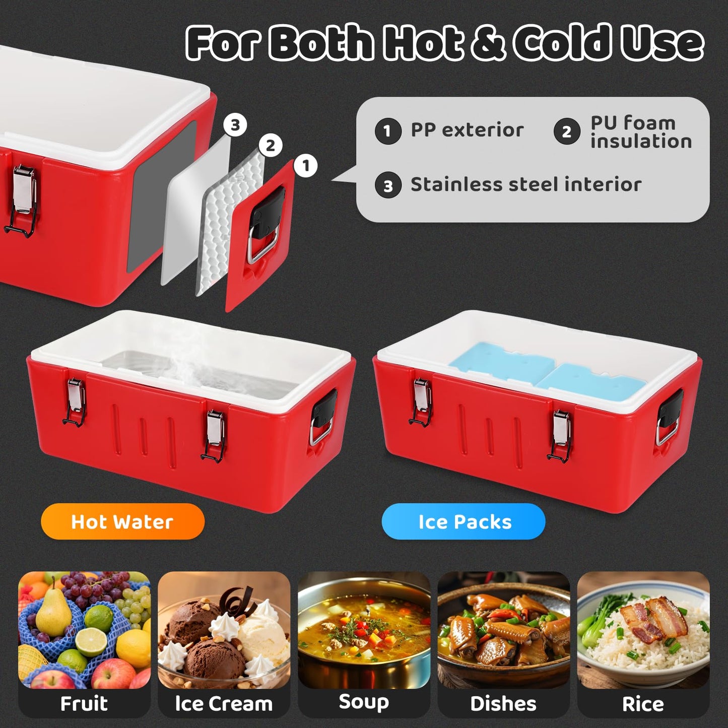 Tragaomx Insulated Food Pan Carrier Cold/Hot Food Buffet Server 27Qt Storage Box With Roll Top Lid & Buckles Warmer Box For Catering Restaurant Buffet