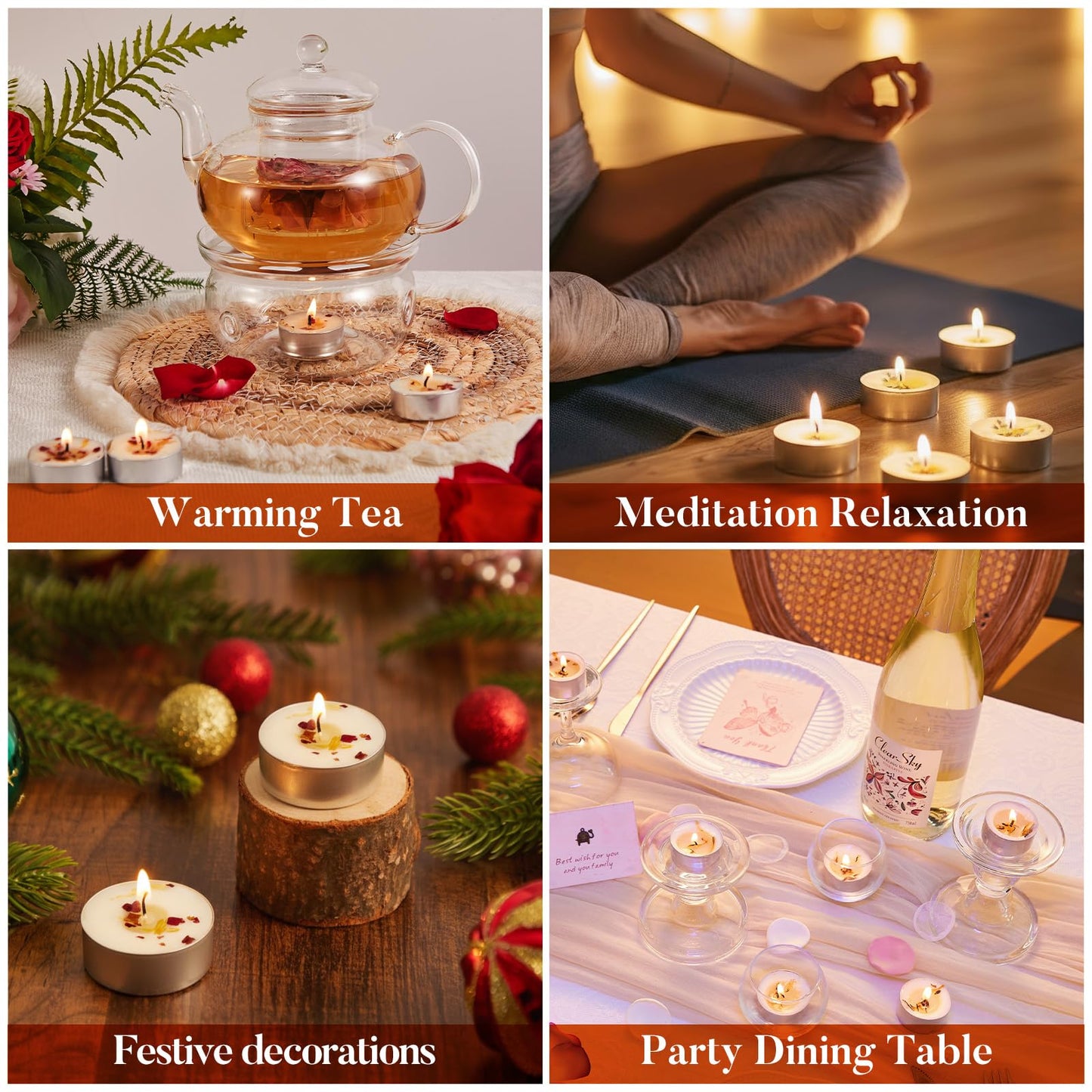 Crenovo Rose Scented Tealight Candles 16 Pcs, 6-7 Hours Soy Tea Lights Candles with Dried Flower Petals, Non-Toxic Smokeless Small Candles Bulk for Weddings, Home Decor, Spa