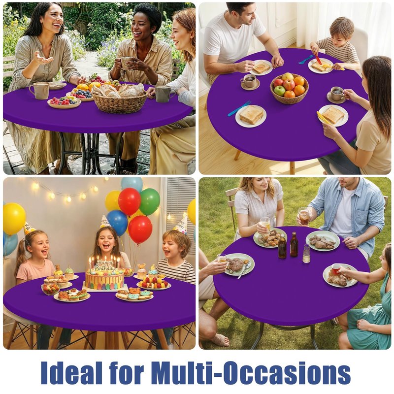 Moosfor Round Spandex Tablecloth, Elastic Fitted Waterproof Tablecloths for 57"-68" Tables, Stretch Washable Picnic Table Cover for Camping, Dining, Indoor and Outdoor, Purple