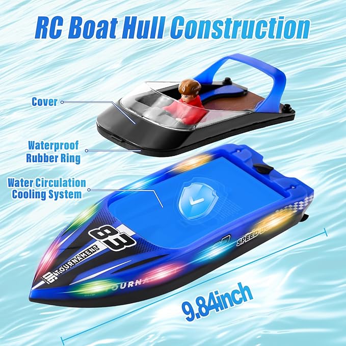 RC Boat with LED Lights 40+ Mins Self-Righting Waterproof Remote Control Boat for Pools Lakes Bathtubs Summer Water Toys for Kids Radio Controlled Watercraft (Blue)