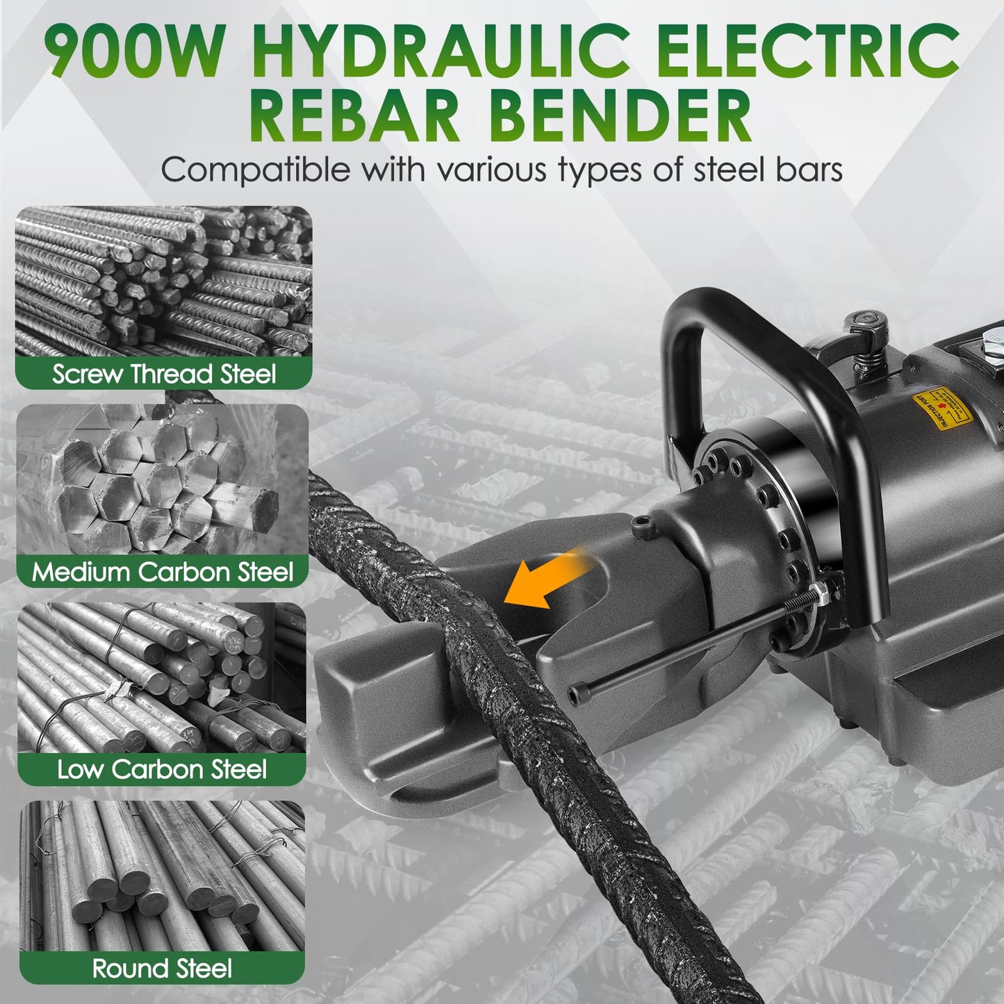 YIXBIZHU 900W Electric Handheld Hydraulic Rebar Bender 3‑Second Bends for #3‑#5 (6‑16mm) Steel Bar, 0‑130° Angle Dial, Lightweight Aviation‑Aluminum Body, 110 V Portable Steel Rod Tool(NRB‑16)