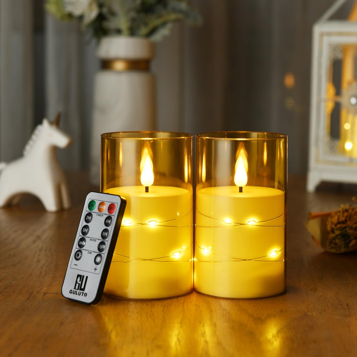 Guluto Flameless LED Candles, Non-breakable Battery Operated Candles with Embedded Star String, D 3"×H 5", Set of 2, Flickering Pillar Candle with Remote and Timer for Birthday Home Decoration (Gold)