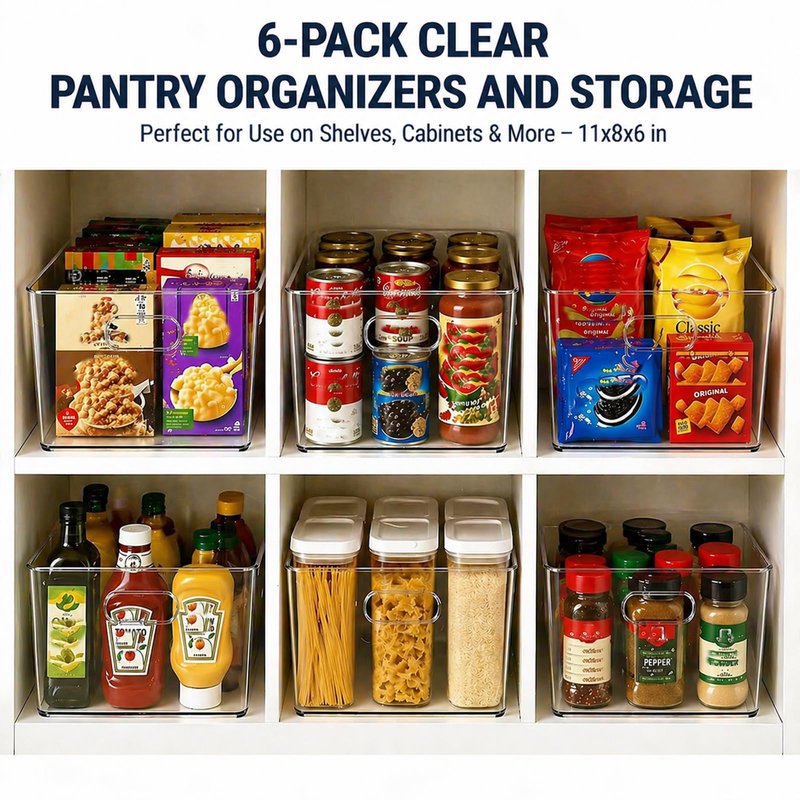 MOONEDGE Open Clear Plastic Storage Bins Stackable Organizer Containers with Handles for Kitchen, Pantry, Fridge, Cabinet, Closet Storage & Home Organization 6 Pack(11 x 8 x 6 in)