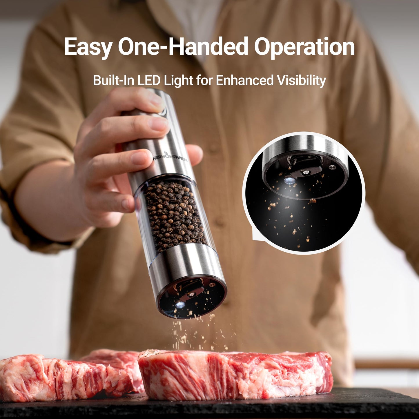 ThermoMaven Upgraded Larger Capacity Electric Salt and Pepper Grinder Set, 110ml Rechargeable Salt and Pepper Shaker with LED light, Stainless Steel Automatic Pepper Mill with 6 Adjustable Coarseness
