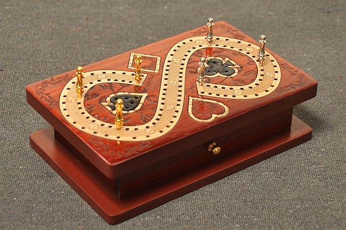 PALM ROYAL HANDICRAFTS 2 Track Cribbage Board Game Set with Magnetic Pull Drawer Playing Cards - Metal Pegs - Storage Available Travel Portable Cribbage Game Sets for Family. (Size - 6.5 x 4).