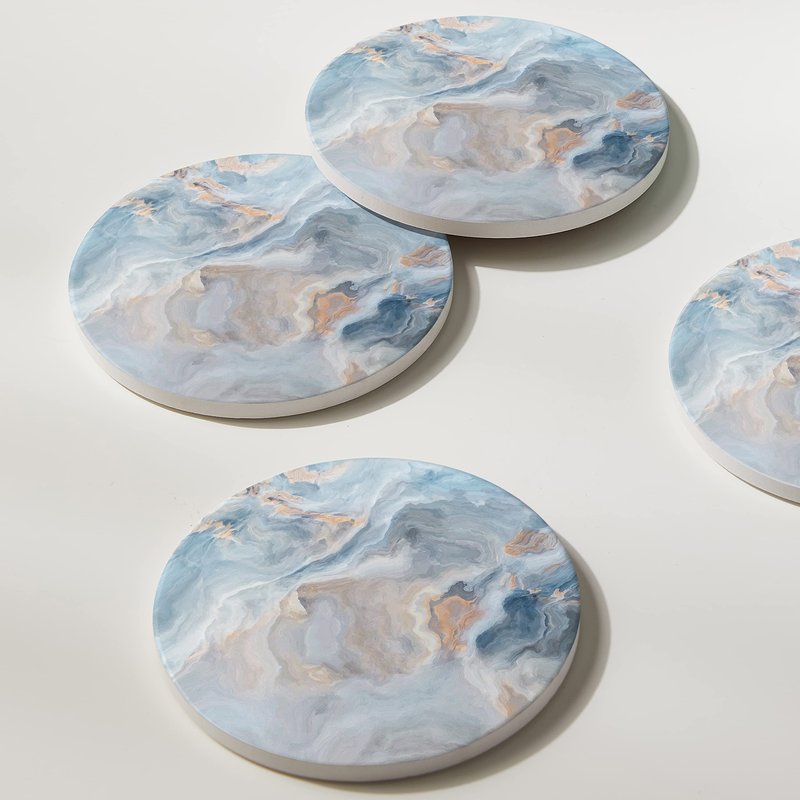 Hoomey Set of 6 Abstract Blue Marble Coasters with Holder, Absorbent Ceramic Coasters for Drinks, Coasters with Cork Backing for Table Protection, Housewarming Gifts for New Home