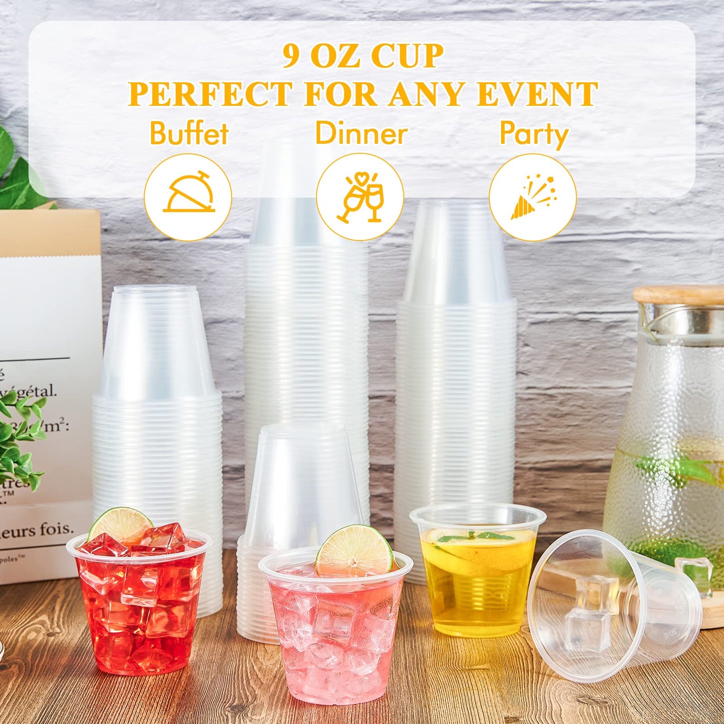 Lilymicky 300 Pack 9 oz Disposable Clear Plastic Cups, 9 Ounce Party Cups for Cocktail, Parties, Picnics, and Events