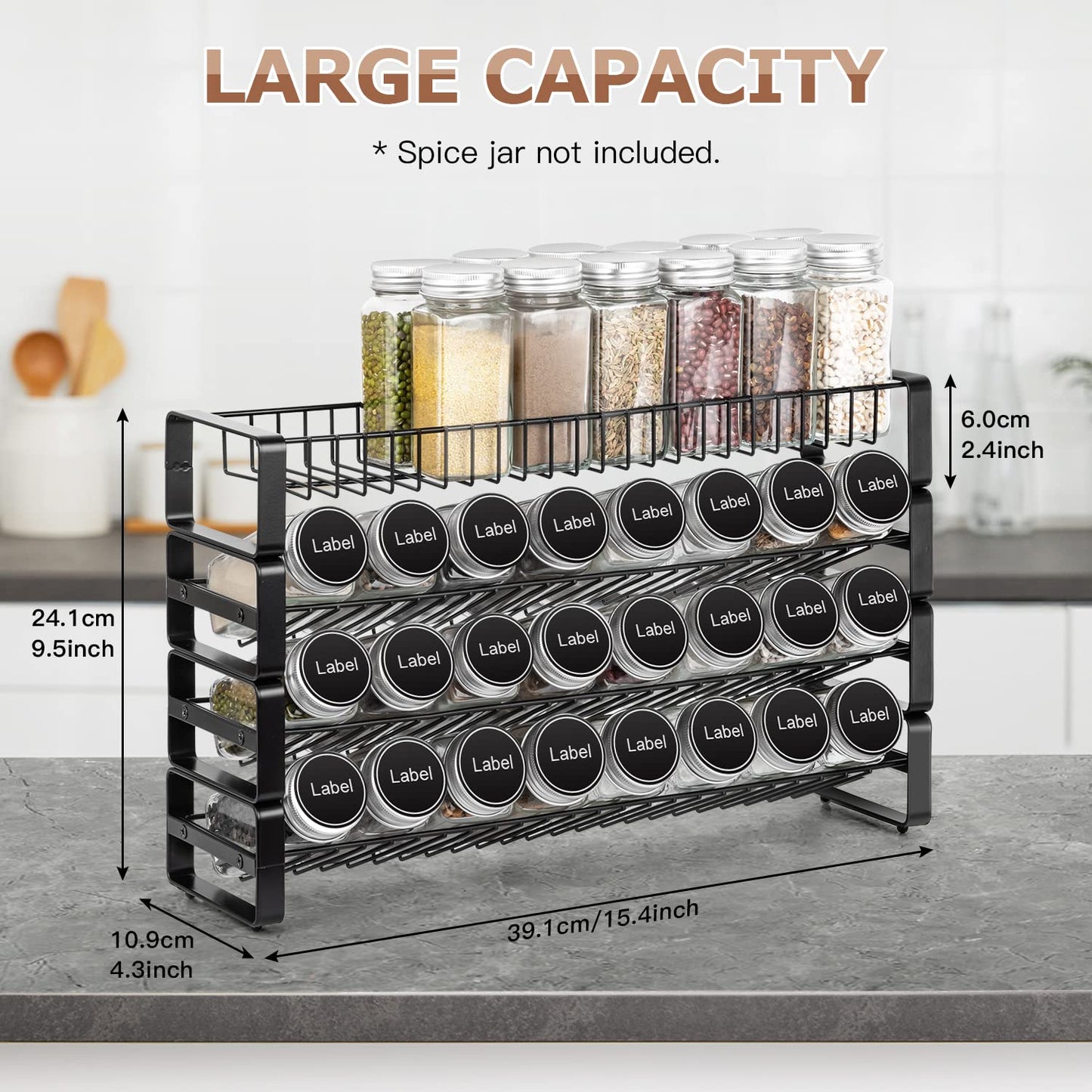 JONYJ 4 Tier Stackable Seasoning Rack Organizer, Detachable Countertop Spice Jar Rack for Cabinet, Freestanding , Black Frosted Iron Kitchen Counter Shelf