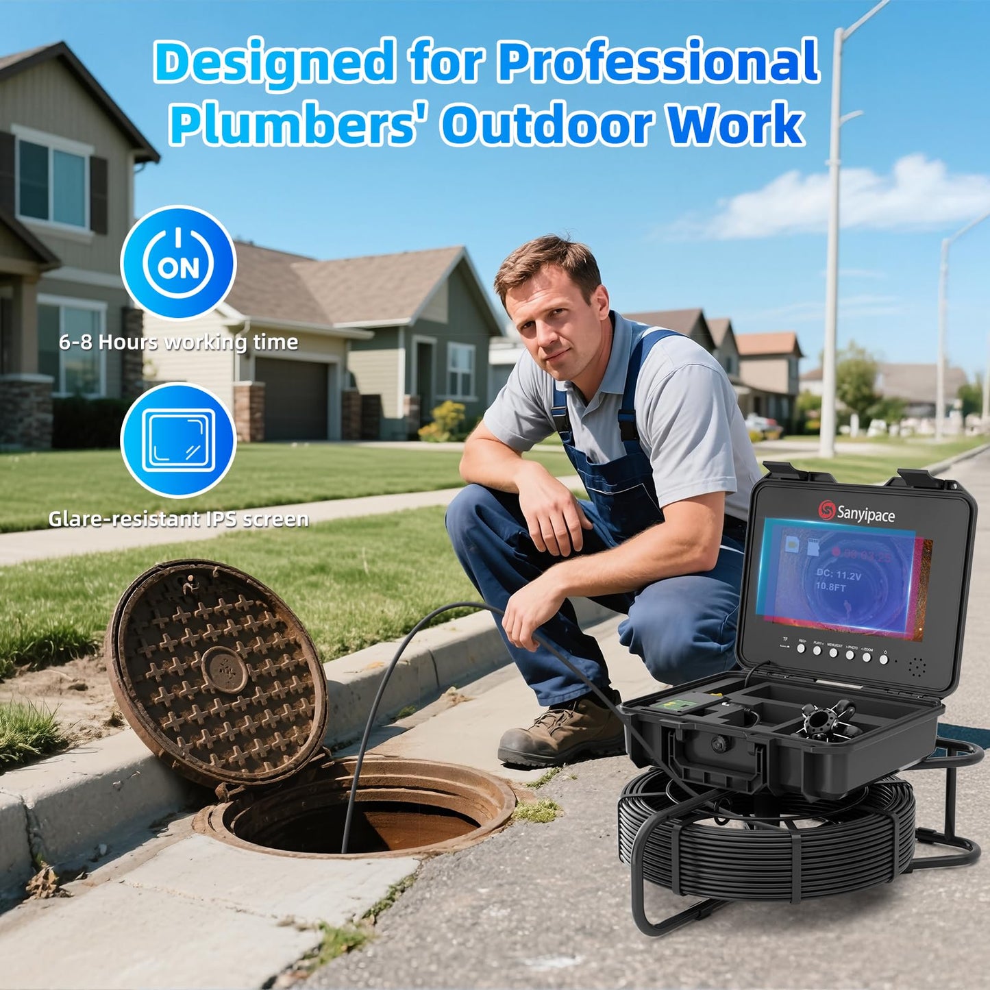 Sanyipace Sewer Camera 230FT/70M with Locator, Self-Leveling Drain Camera with 10.1" Screen, Pipe Inspection Camera 512Hz, DVR with Speaker, Distance Counter, 1080P Plumbing Camera with 12PCS Lights