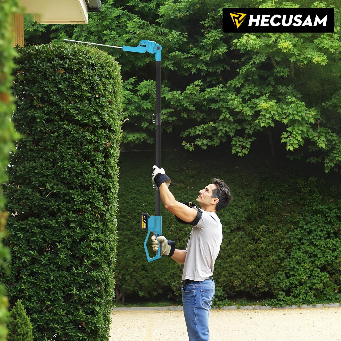 Brushless Pole Hedge Trimmer Cordless, 20.5" Dual-Action Blade,180° Adjustable Head Electric Bush Trimmer, 2×4000mAh Batteries, Up to 14.9FT Reach Battery Powered Hedge Trimmers for Shrubs Pruning