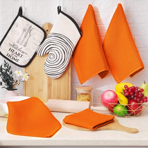 Homaxy 100% Cotton Waffle Weave Kitchen Dish Towels, Ultra Soft Absorbent Quick Drying Cleaning Towel, 13 x 28 Inches, 8-Pack, Orange