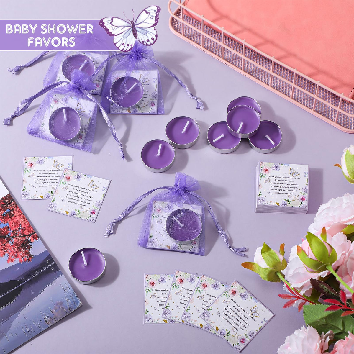 MTLEE 50 Sets Baby Shower Party Favors Candles Including 50 Pcs Tealight Candles Thank You Cards Baby Shower Bags for Guests Prizes Gender Reveal Party Decorations(Purple,Butterfly)