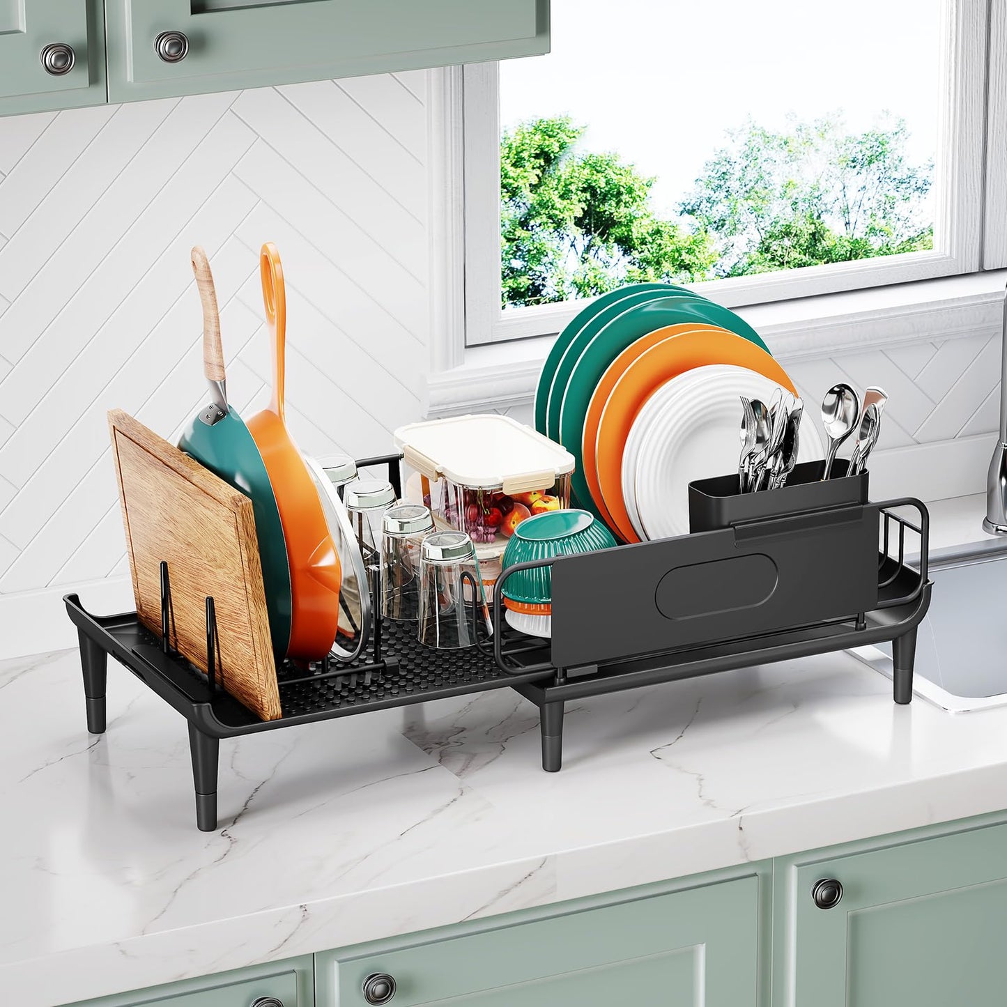 Extendable Dish Drying Rack for Kitchen Counter, Large Expandable Dish Rack with Multifunctional Drainboard for Pan Pot, Collapsible dish drainer, Foldable Plate Strainer for Home Countertop Storage