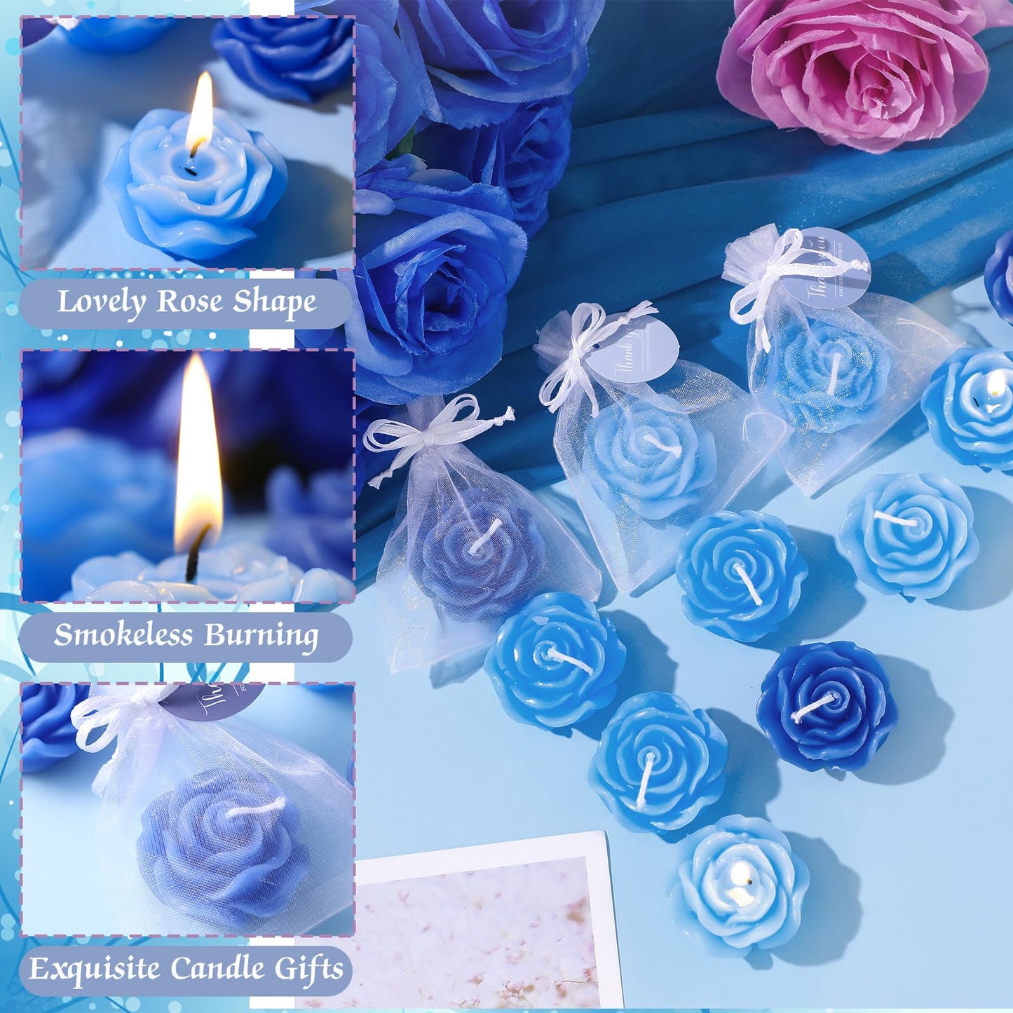 Treela 24 Set Flower Candles Wedding Favor for Guests Mini Blue Rose Shaped Tealight Candles for Return Gift Wedding Birthday Bridal Shower Housewarming Party