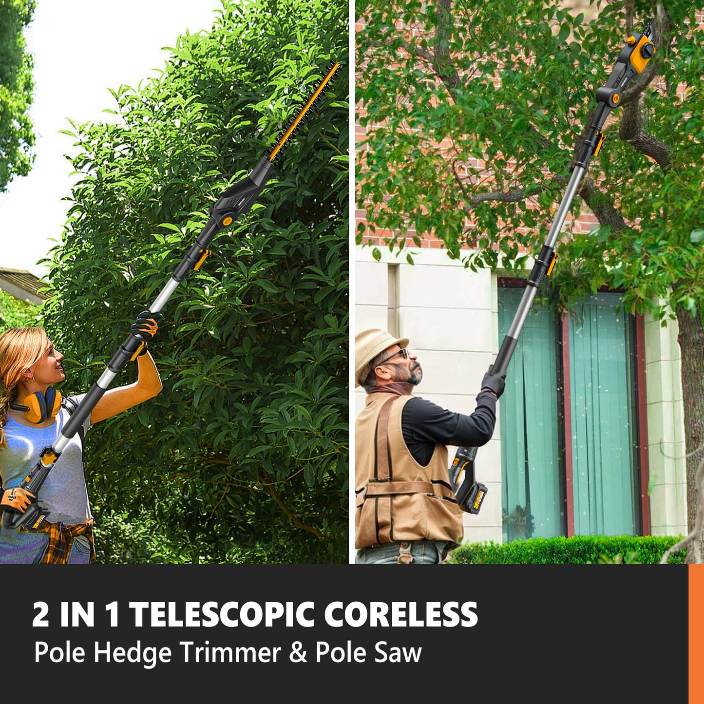 Alloyman 2-in-1 Telescopic Cordless Pole Hedge Trimmer 16-Inch and Pole Saw 8.6-Inch,with 2 Packs 4.0Ah Batteries & Charger,for Tree Trimming and Shrubs Pruning