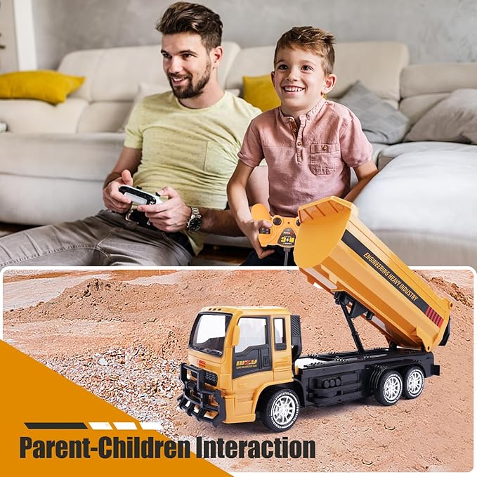 Remote Control Dump Truck for Kids 2.4GHz RC Construction Vehicle with LED Lights 45° Dumping Function 2 Rechargeable Batteries Toy Truck for Boys Girls 3 4 5 6 7 8 Years Old