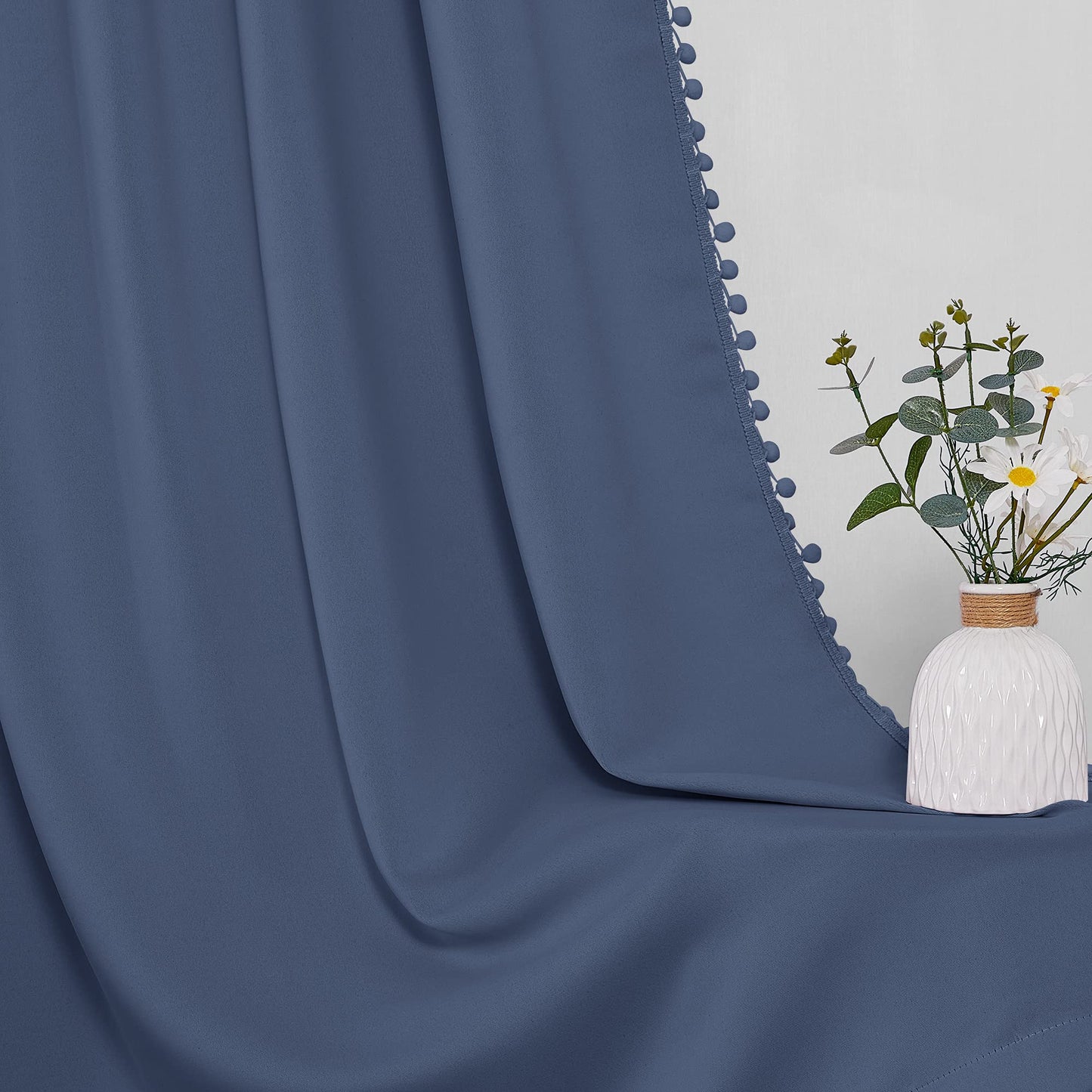 StangH Stone Blue Blackout Curtains 84 inch for Living Room/Patio Sliding Door, Pompom Thermal Insulated Door Panels for Bedroom, Nursery Kids Home Decoration, W52 x L84, 2 Panels
