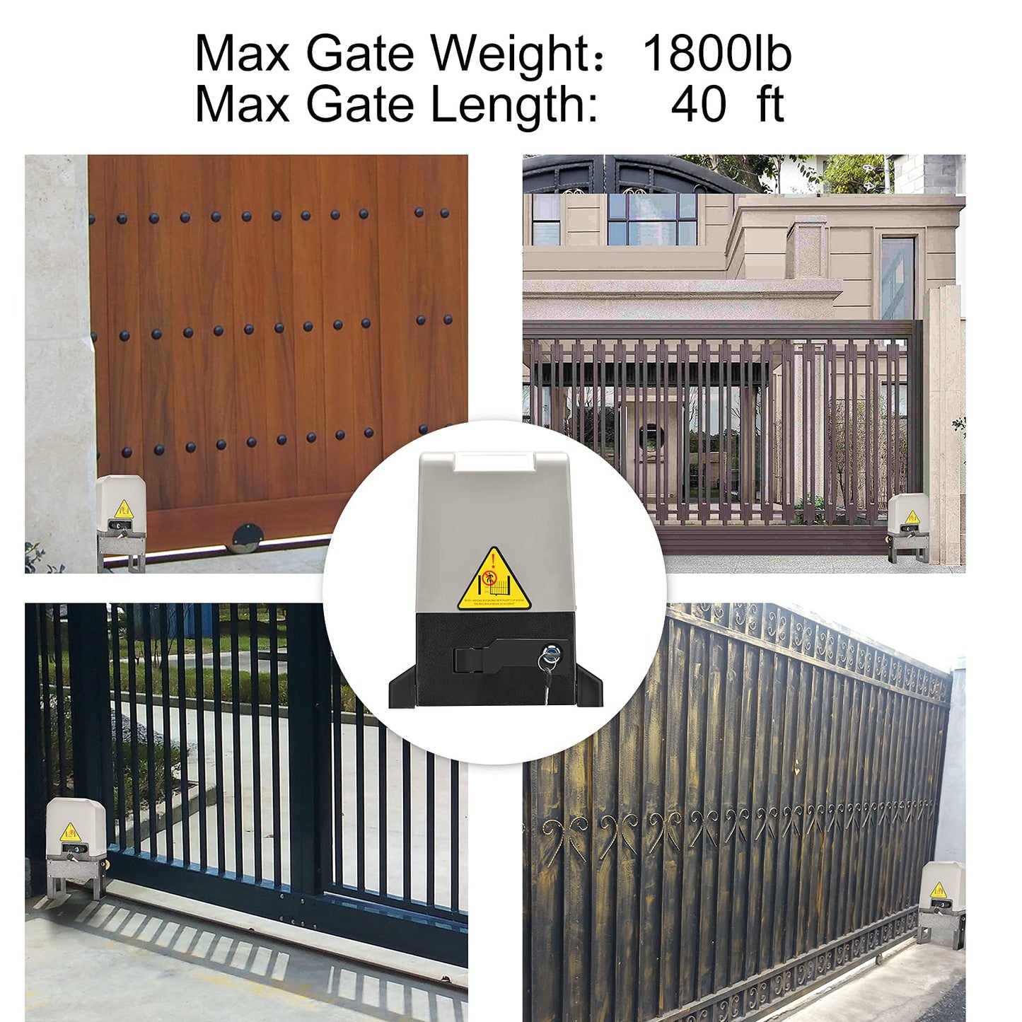 JIELI 1800lb Heavy Duty Automatic Sliding Gate Opener with Four Remote Controls,Chain Drive Motor for Driveway Rolling Gate up to 40 Feet,Sliding Gate Opener Hardware Security System Kit