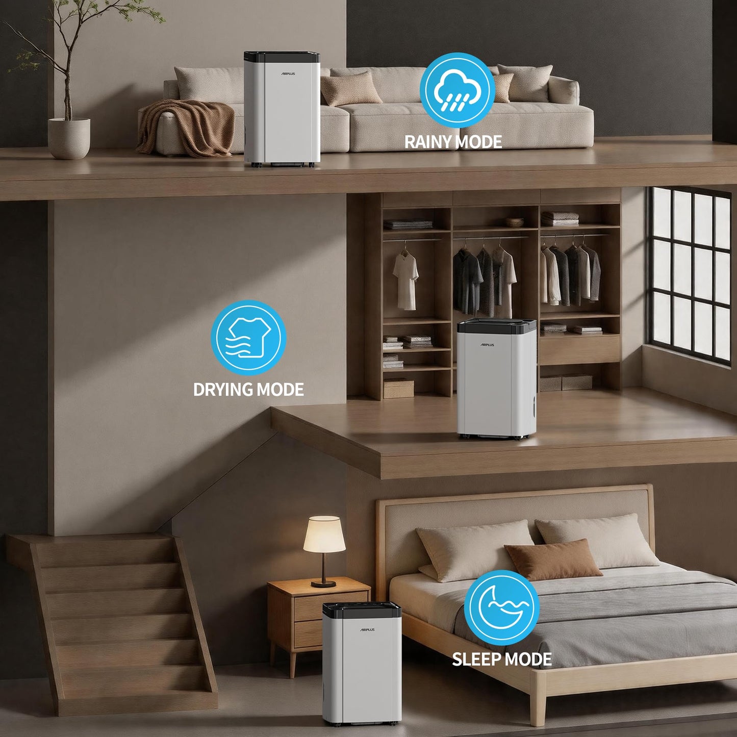 AIRPLUS 5000 Sq. Ft Dehumidifier for Home and Basement, 80 Pint Portable Dehumidifiers with Drain Hose for Large Room, Quiet Sleep Mode Dehumidifier for Bedroom, RV De humidifier for Inside Camper