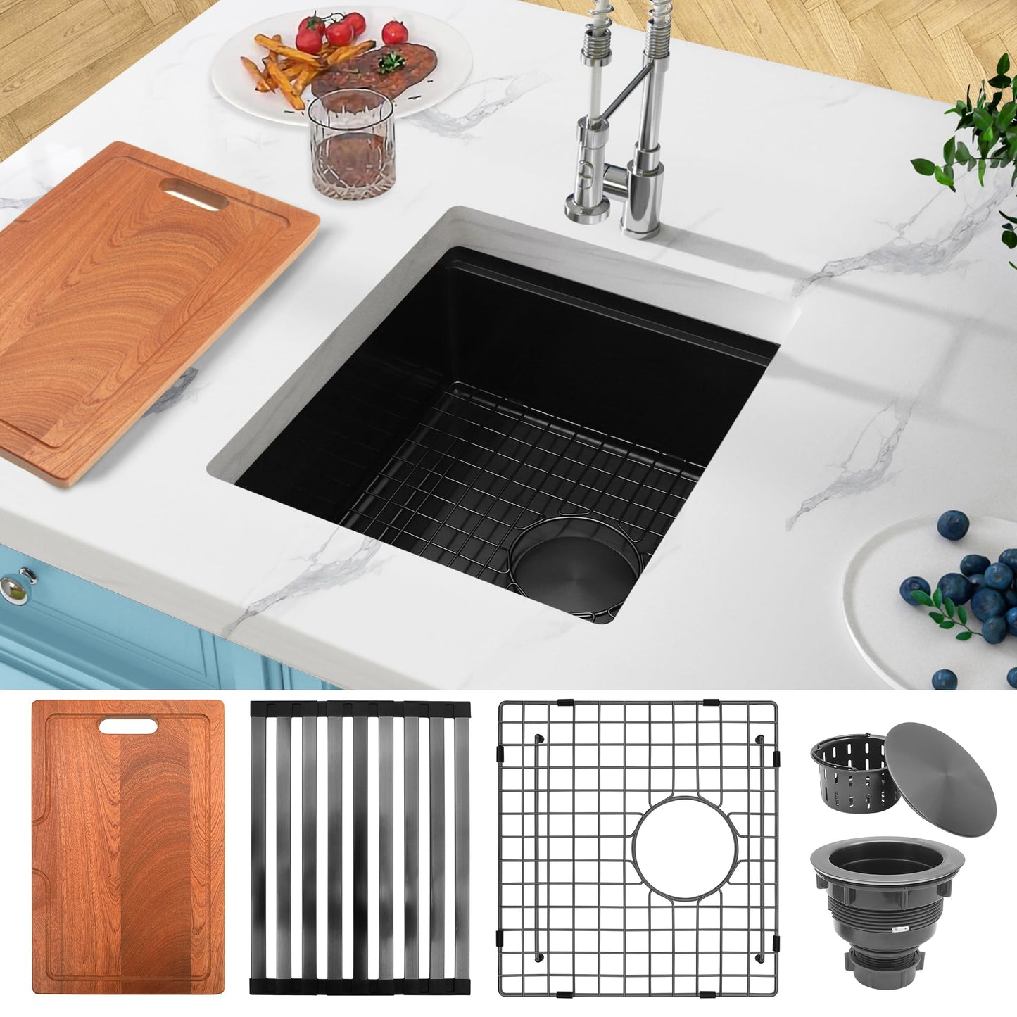 Lonsince Black Bar Sink Undermount,Small Bar & Prep Sinks,16 Gauge Stainless Steel Bar Sink with Workstation for Wet Bar Area,Special Offset Drain Design (16" X 18")
