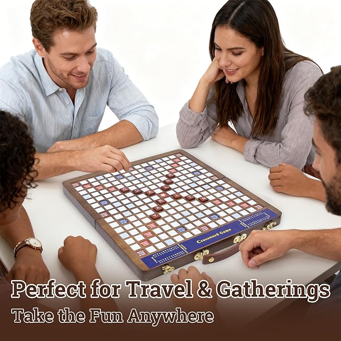 Wooden Folding Crossword Board Game – Word Game Set with 100 Letter Tiles Sand Timer Pencil Racks & Bag – Portable Wooden Game for Adults & Family