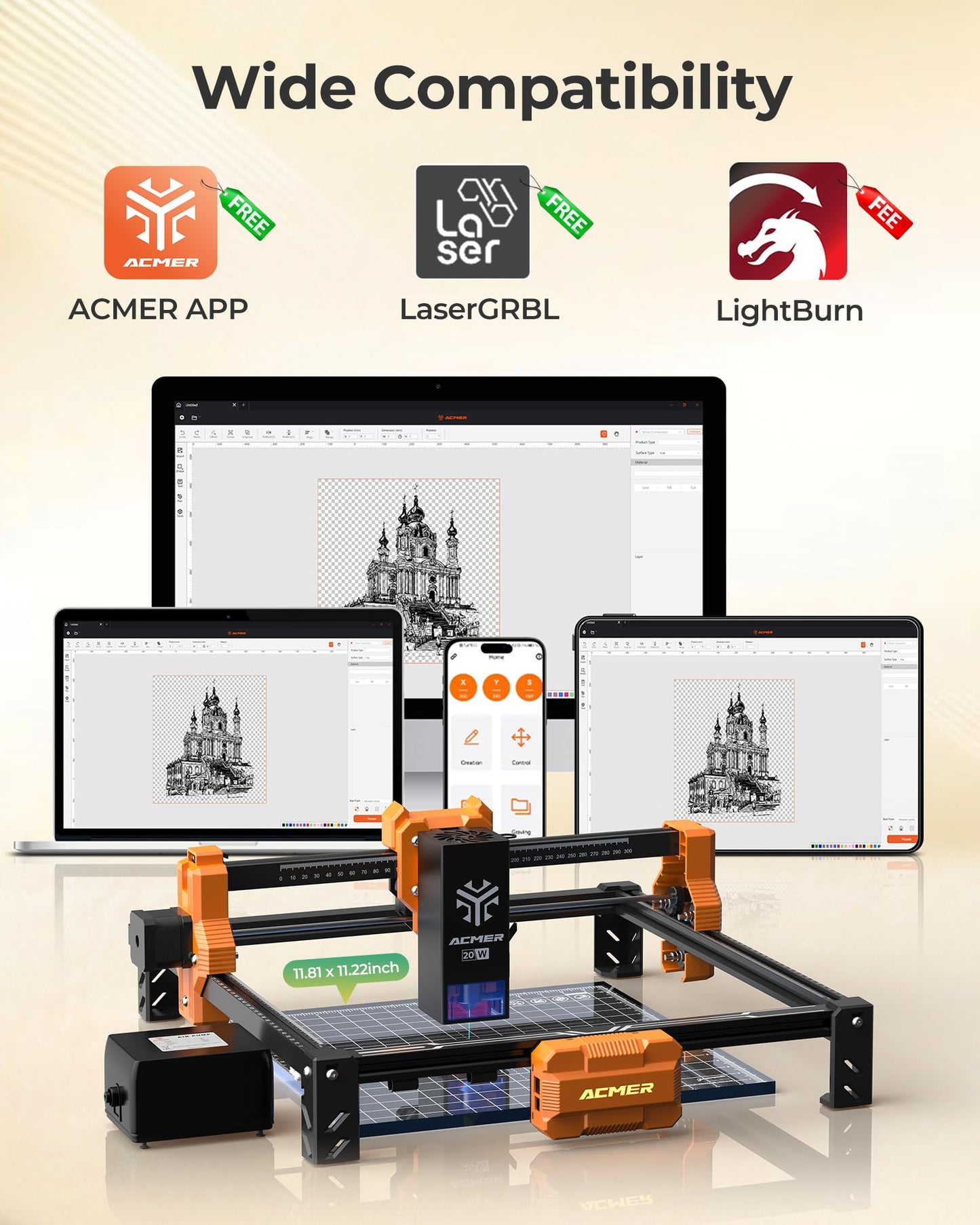Acmer S2 20W Laser Engraver, Diode Lazer Machine with 25L Air Assist, High Precision Laser Engraving & Cutting Machine, 300×285mm DIY Laser Cutter for Wood, Acrylic, Leather, Ceramic