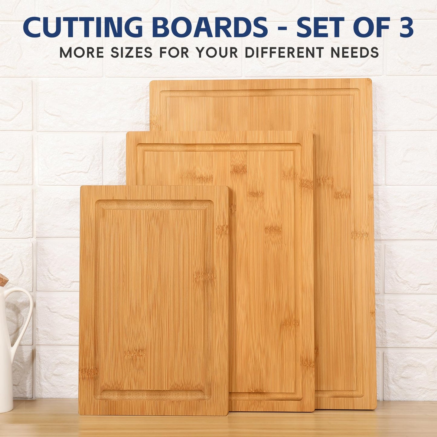 Hiware 3-piece Bamboo Cutting Boards for Kitchen, Heavy Duty Bamboo Cutting Board with Juice Groove, Wood Cutting Board Set for Meat, Vegetables