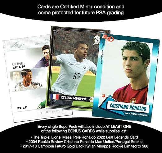 Soccer Superpack - Best Selling Trading Cards - Lionel Messi Mbappe Pele Haaland Cristiano Ronaldo & More - 8 cards plus bonuses - All Certified Mint+