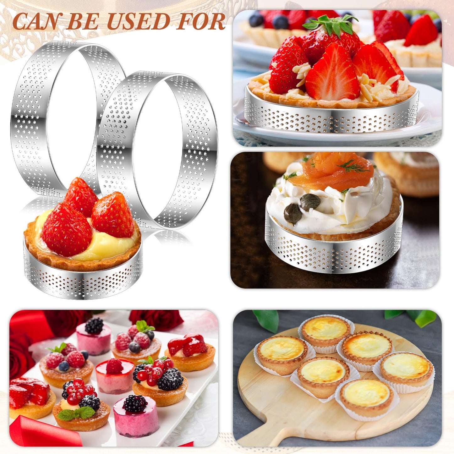 Mumufy 20 Pcs Perforated Tart Rings Round Stainless Steel Tart Rings for Baking Nonstick Metal Round Cake Ring for Pastry French Dessert Mousse Food Crisp Home Food Making Tool (4'')