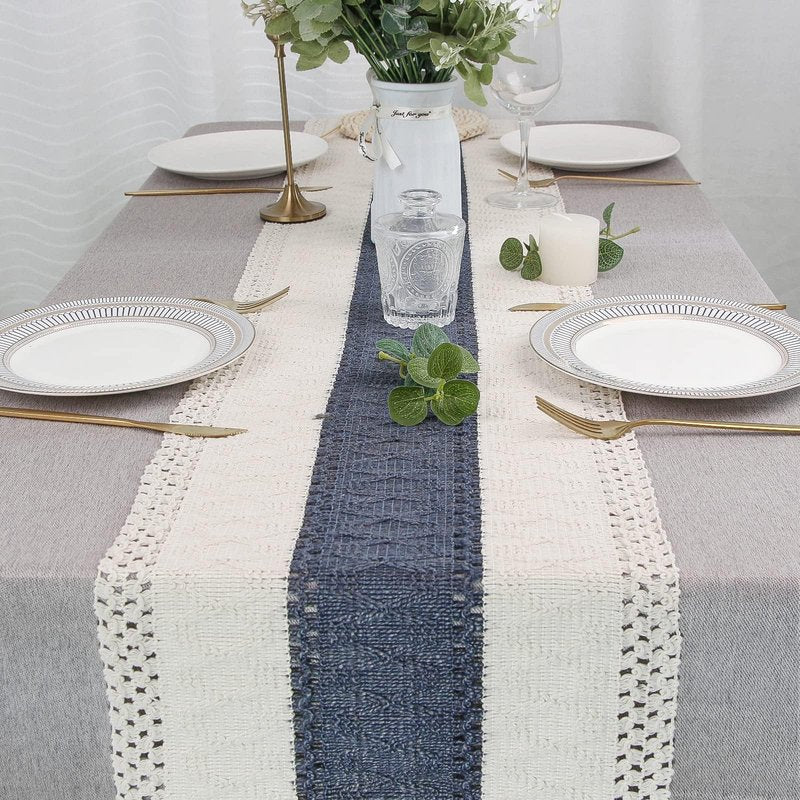 FEXIA Boho Blue Table Runner 72 Inches Long with Tassels Macrame Farmhouse Style Party Rustic Wedding Baby Bridal Shower Dining Decor (12x72 Inches)