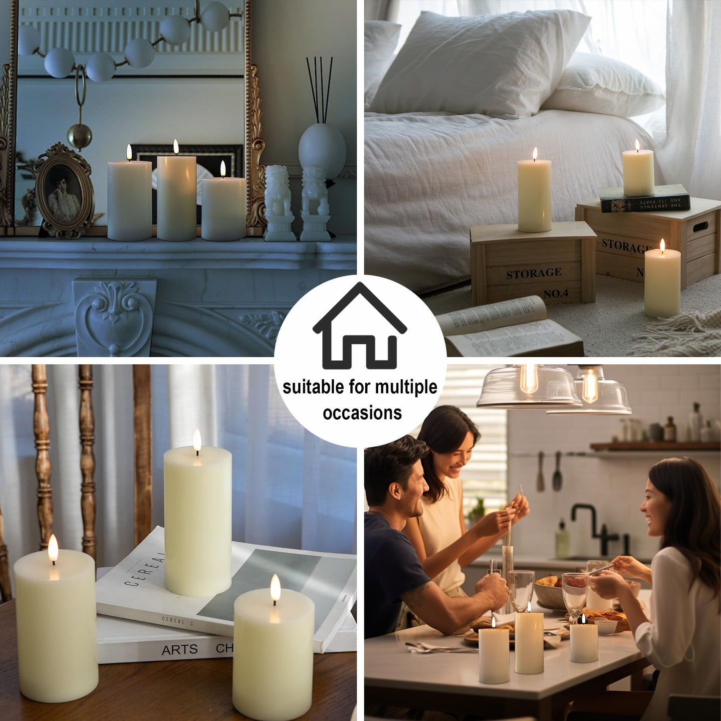 AFINETH White Flameless Pillar Candles, Battery Operated Wax Candles with Remote, Flat Top Flickering Flameless Candles, LED Candle for Home, Wedding, Party Decor, Set of 3, Φ 3" H 4" 5" 6"