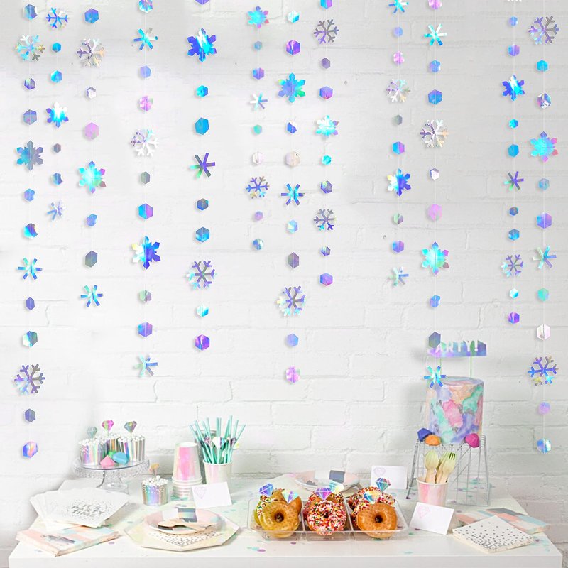 Clearance 52Ft Winter Wonderland Party Decoration Iridescent Snowflake Garland Holographic Paper Snowflake Streamer for Winter Onederland Christmas Frozen Birthday Wedding Bridal Shower Party Supplies
