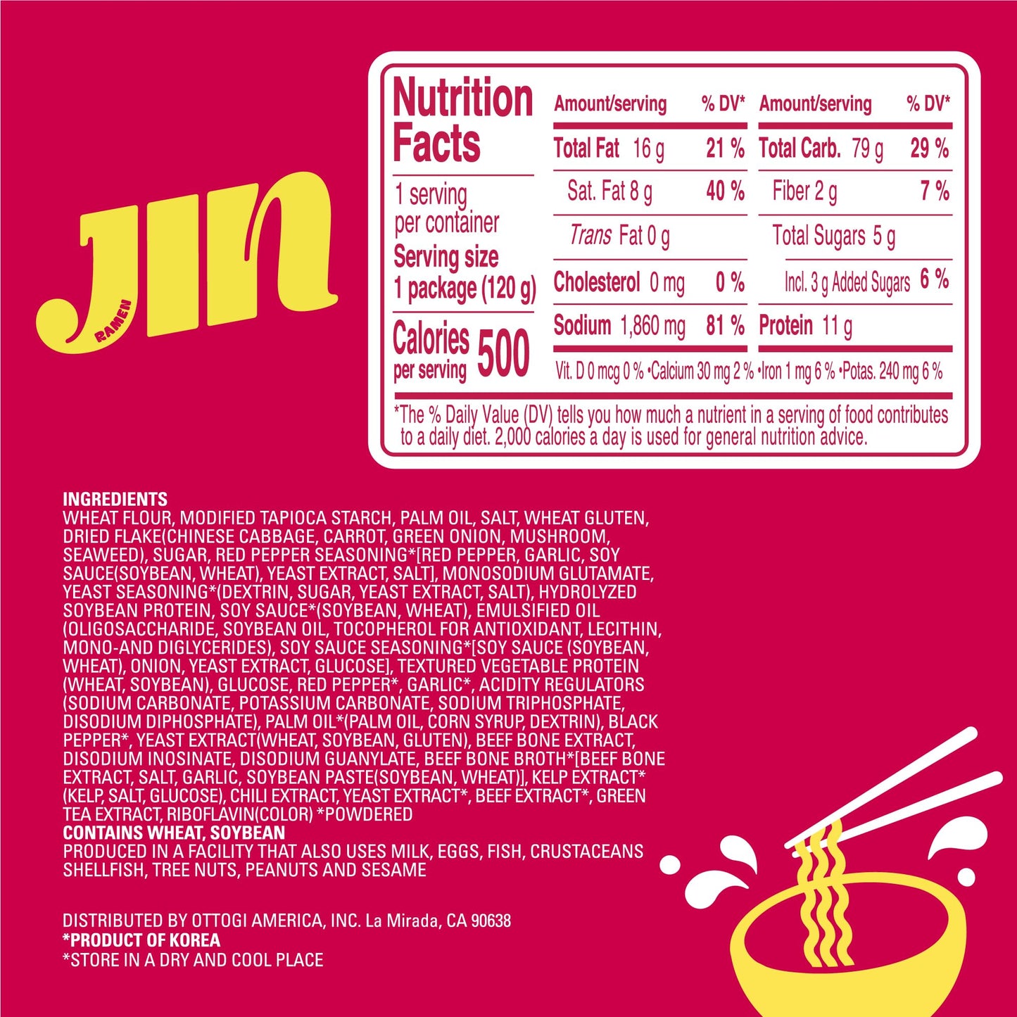 OTOKI Jin Ramen Spicy Flavor, 4.23 oz (Pack of 18) - Authentic Korean Instant Noodles, Rich and Savory Broth, Quick and Easy Meal