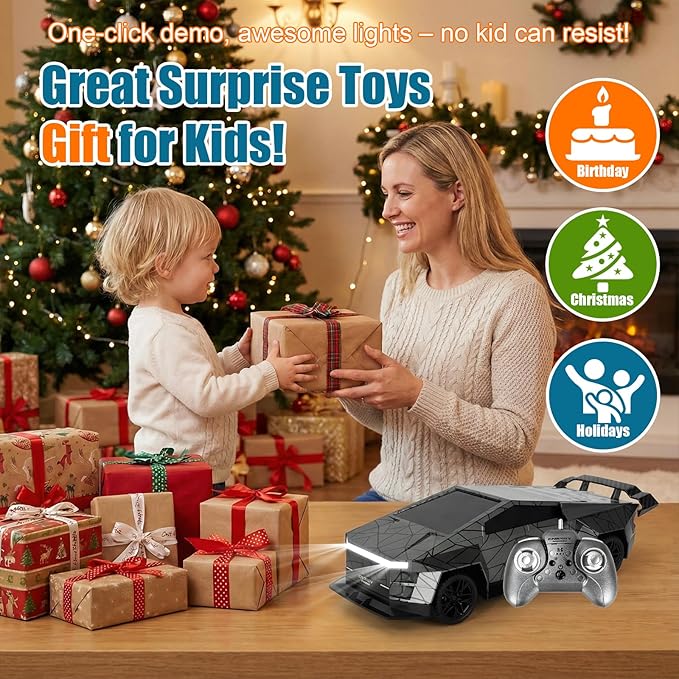 Remote Control Car/RC Truck – 2.4 GHz All-Terrain Cyber Vehicles with One-Touch Demo and Three Adjustable LED Light Effects Off-Road Pick-Up Hobby Monster Truck Toys Gifts for Boys/Girls Aged 3+
