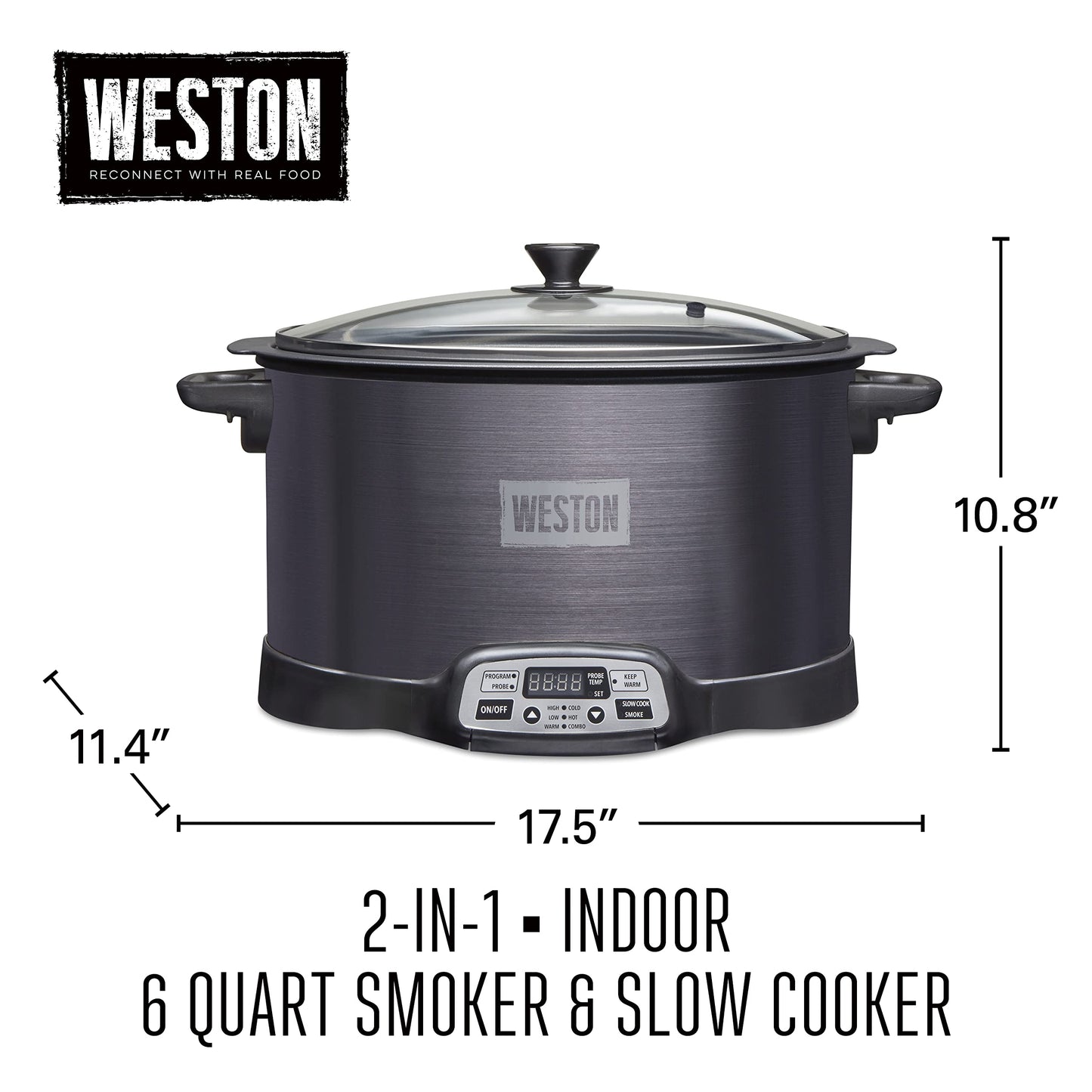 WESTON BRANDS 2-in-1 Indoor Electric Smoker & Programmable Slow Cooker, 6 Quart, With 3-Tier Smoking Rack for Meat, Cheese and More, Dishwasher Safe Crock, Temperature Probe, Black (03-2500-W)