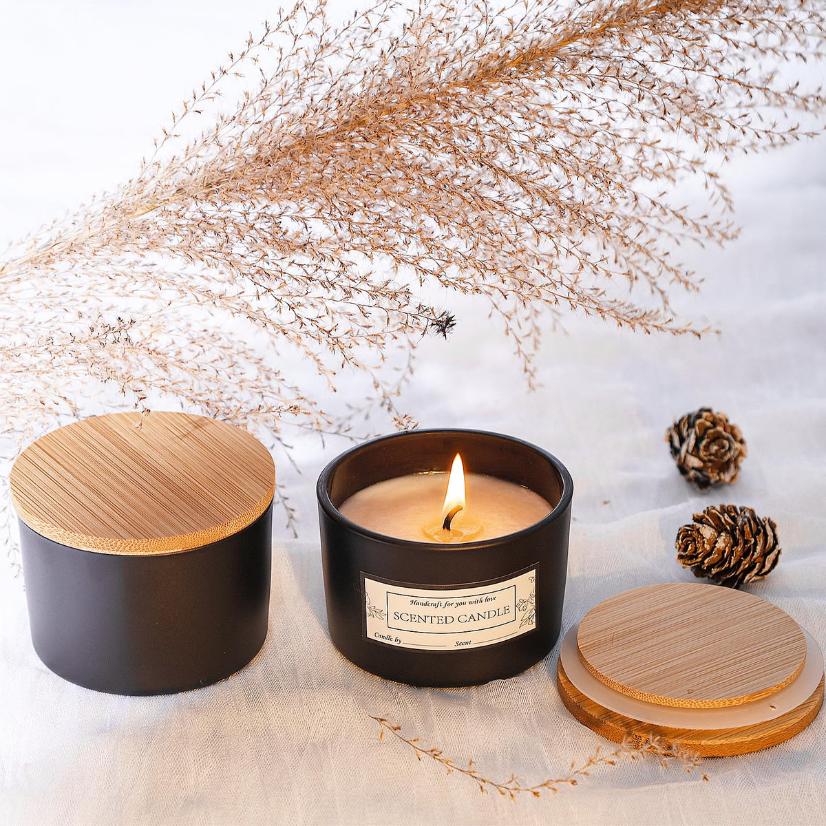 CONNOO 15 Pack 4 OZ Matte Black Glass Candle Jars with Airtight Bamboo Lids for Making Candles, Bulk Small Wide Mouth Empty Candle Containers with Sticky Warning Labels - Dishwasher Safe