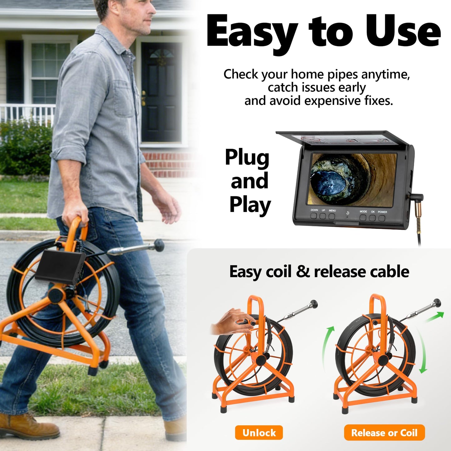ππππ π§ππ° HD1080P Sewer Camera with DVR 32GB, 4.3" Drain Camera (Easy to Use), Pipe Inspection Camera, 5000mAh, USB-C, Endoscope Camera with 4-Level LED Lights, Cable Marking, 100ft/30M
