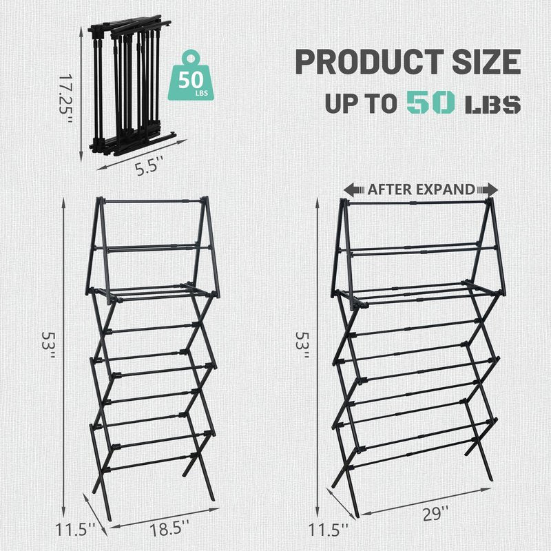 ZOES HOMEWARE 4 Tier Clothes Drying Rack Foldable | Foldable Clothing Drying Rack | Laundry Drying Rack Collapsible for Laundry Room, Dorm, Expandable Sturdy Metal Design | Black 29"L x 11.5"W x 53"H