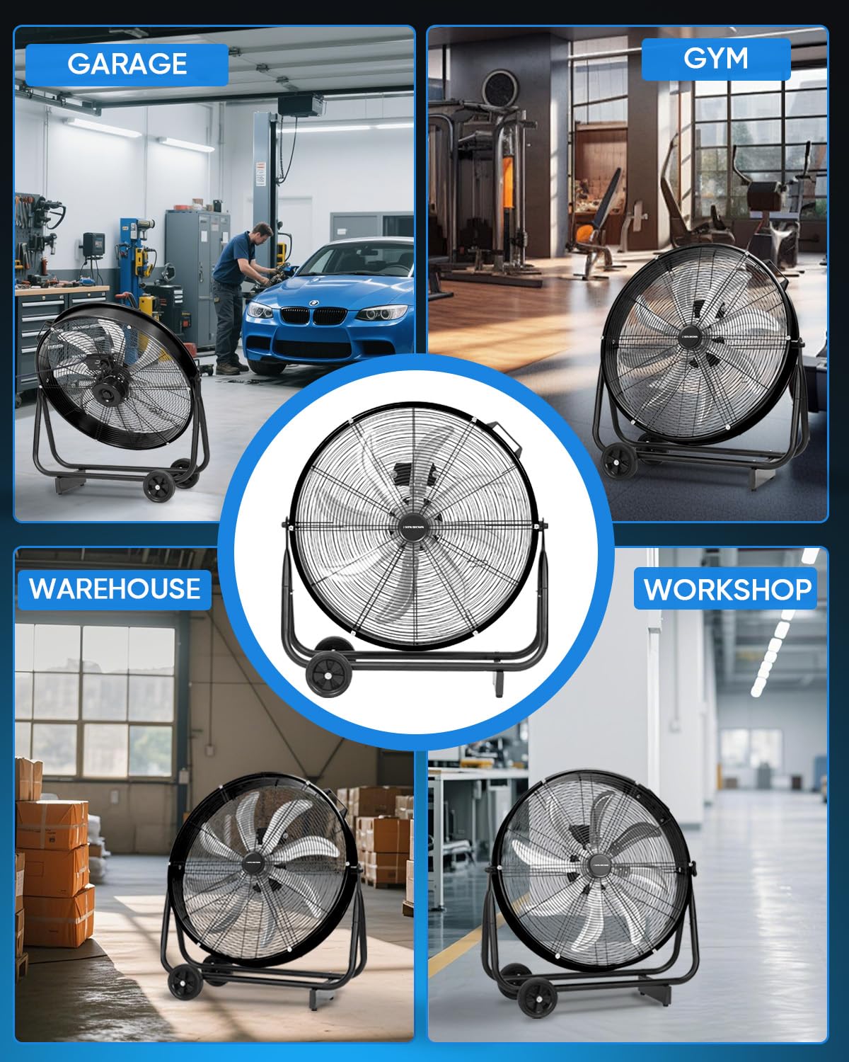 KEN BROWN 24 Inch Industrial Shop Fan, TurboSweep 8 Blades High Velocity Drum Fan, 9500 CFM, Heavy Duty 3 Speeds, 360° Adjustable Tilt for Industrial Commercial Gym Garage