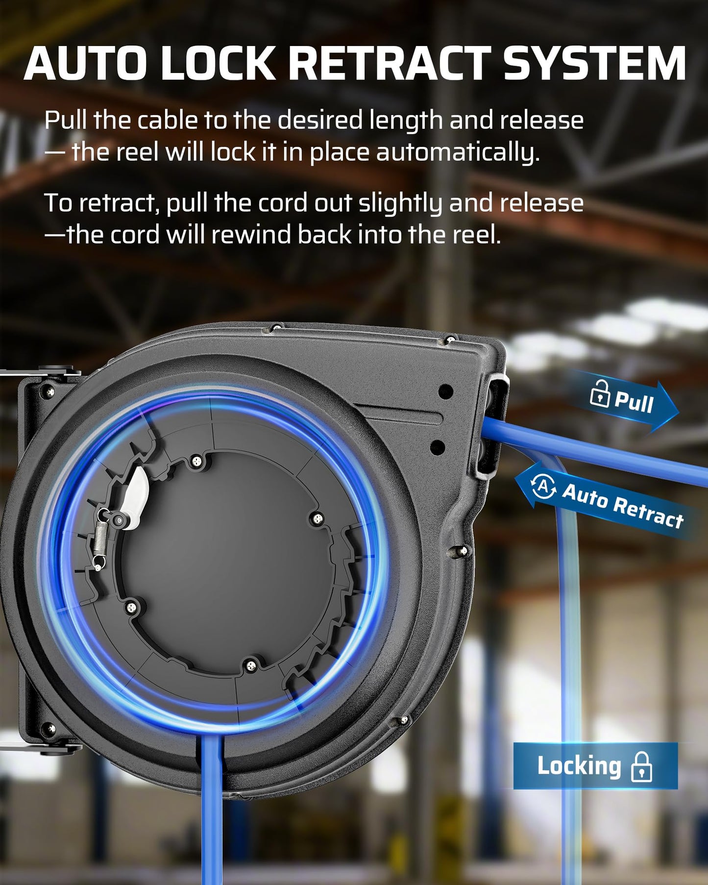 DEWENWILS 20 Amp Retractable Extension Cord Reel, 40FT 10AWG SJTOW Heavy Duty Extension Cord, Auto-Rewind No-Tangle, Circuit Breaker, 4 Outlets for Garage Shop, 2500W, Blue
