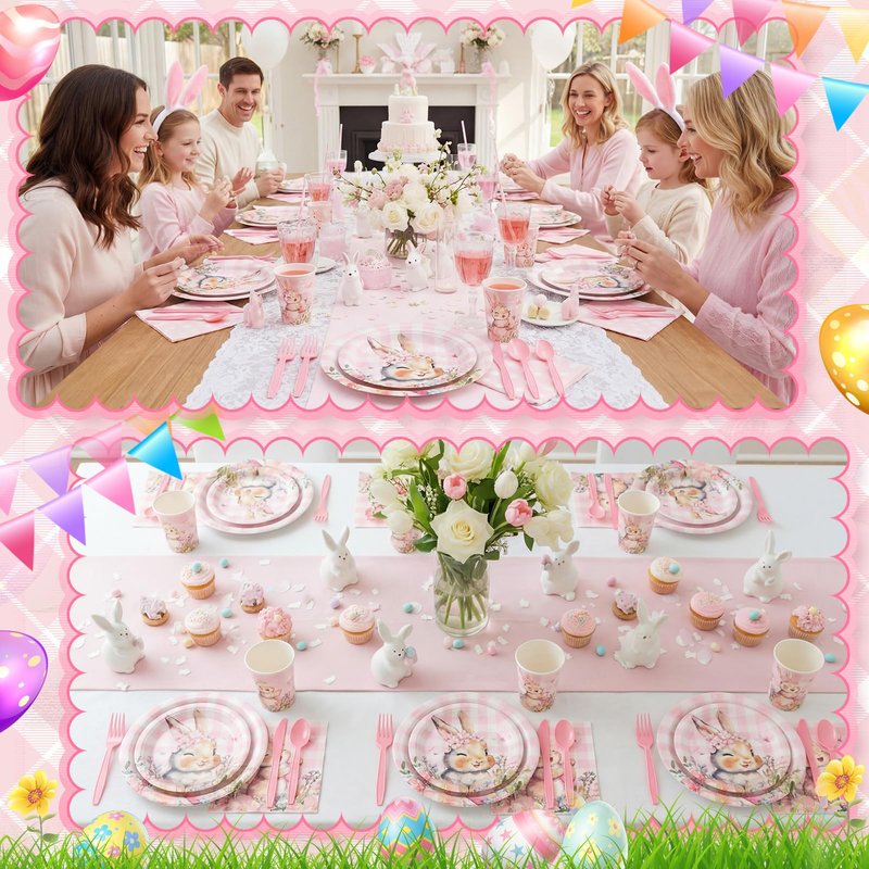 Honeydak 210 Pcs Pink Bunny Party Supplies for 30 Guests, Includes Spring Rabbit Plates, Cups, Napkins, Cutlery - Cute Pink Bunny Tableware Decoration for Baby Shower Easter Party