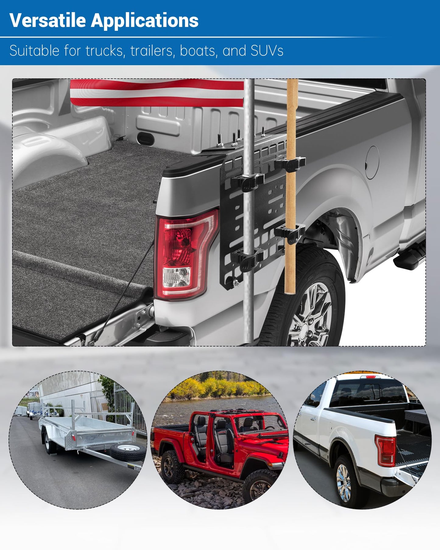 Multifunctional Shovel Holder for Truck Bed, Punch-Free Shovel & Flag Mount for Truck With 4 Rubber Quick-Release Clips (Fits Handle Diameters 1-1/7'' to 1-3/7''), Suitable for Trucks, Trailers